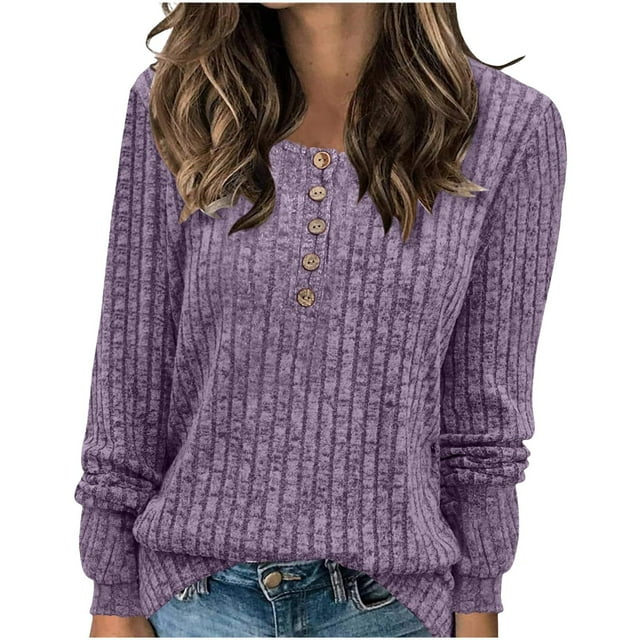 BXINGOHAI Women's V Neck Sweaters Solid Color Long Sleeve Pullover Tops Button Knit Sweater 2024 Fashion Daily Tops Purple,L