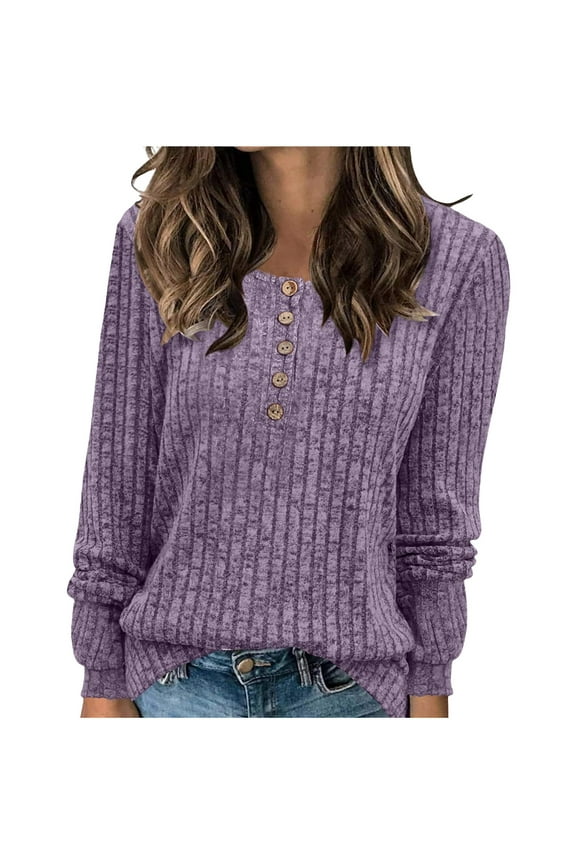 Women's V Neck Sweaters Solid Color Long Sleeve Pullover Tops Button Knit Sweater 2024 Fashion Daily Tops Purple,S
