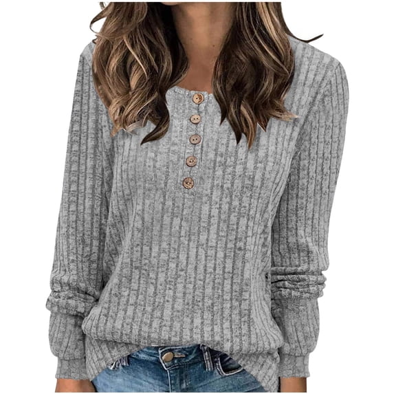 BXINGOHAI Women's V Neck Sweaters Solid Color Long Sleeve Pullover Tops Button Knit Sweater 2024 Fashion Daily Tops Today Gray,L