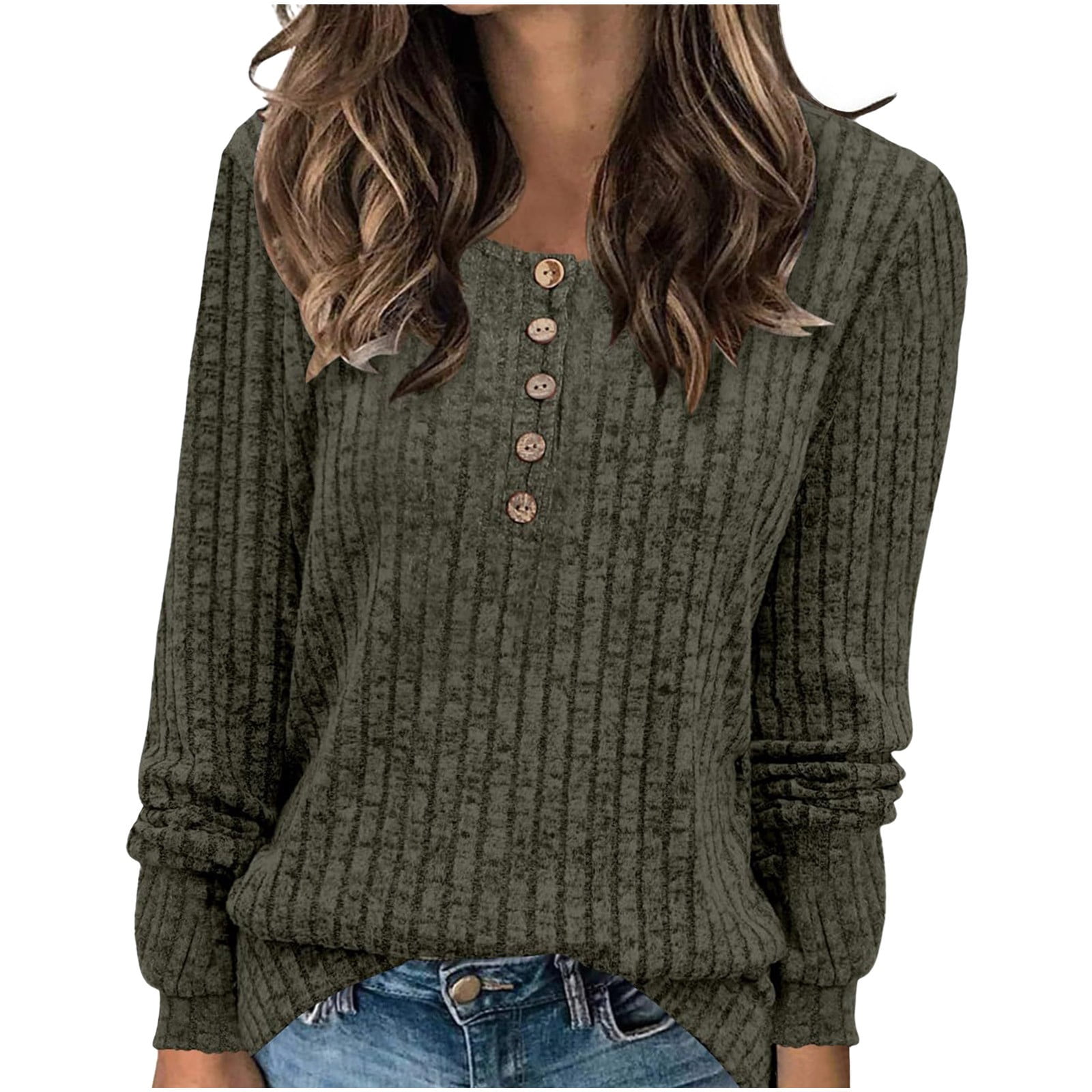 Women's V Neck Sweaters Solid Color Long Sleeve Pullover Tops Button Knit Sweater 2024 Fashion Daily Tops Today Sales Army Green,XL
