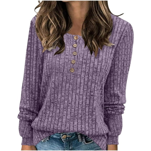BXINGOHAI Women's V Neck Sweaters Solid Color Long Sleeve Pullover Tops Button Knit Sweater 2024 Fashion Daily Tops Today Sales Purple,XXXL