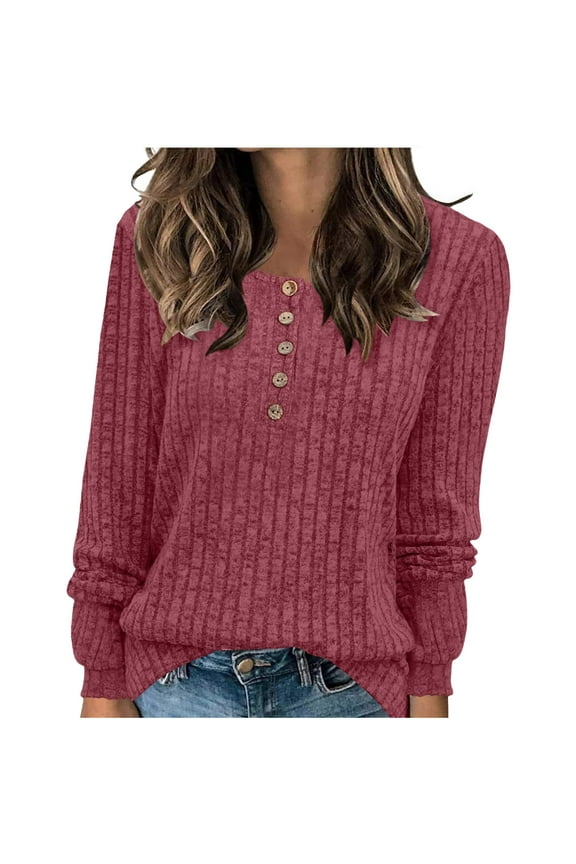 Women's V Neck Sweaters Solid Color Long Sleeve Pullover Tops Button Knit Sweater 2024 Fashion Daily Tops Today Sales Wine,M