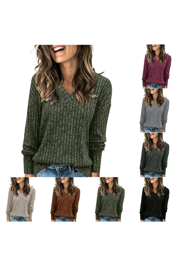 Women's V Neck Sweaters Solid Color Long Sleeve Pullover Tops Button Knit Sweater 2024 Fashion Daily Tops