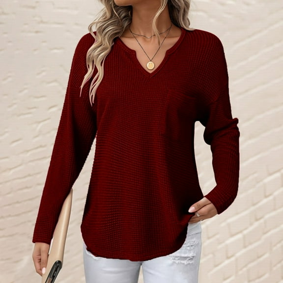 BXINGOHAI Women's V Neck Waffle Knit Henley Tops Casual Long Sleeve Pullover Sweater Blouses Wine,XL