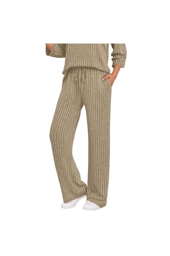Women's Wide Leg Pants Ribbed Knit High Waist Casual Lounge Pants Beige,S