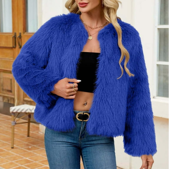 BXINGOHAI Women's Winter Coats Fleece Cropped Jacket Faux Fur Long Sleeve Pockets Shaggy Warm Outerwear Fall Clothes Blue M