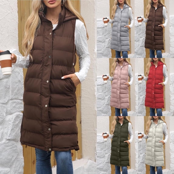 BXINGOHAI Women's long Quilted Vest hooded sleeveless Button Down puff vest cotton padded jacket winter coat Gray 3XLL