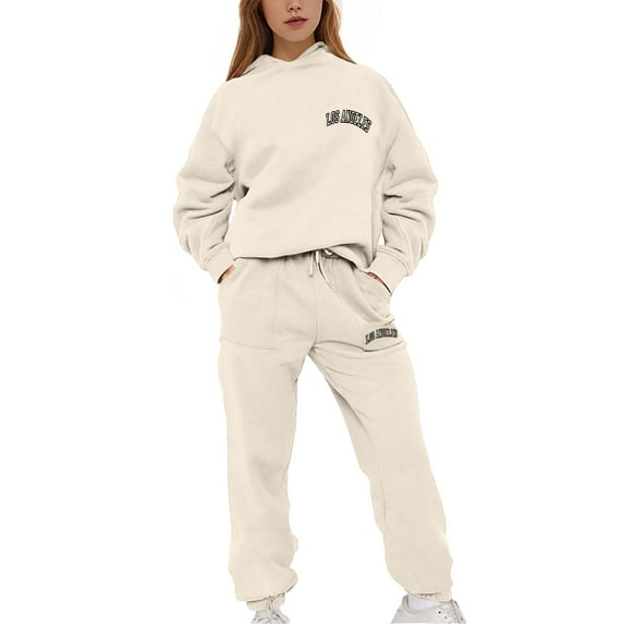 BXINGOHAI Womens 2 Piece Fleece Outfits Drawstring Pockets Sweatsuit Solid Long Sleeve Hoodie Sweatshirt With Jogger Pants Tracksuit Lounge Set Sale Beige,L