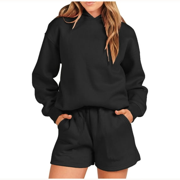 BXINGOHAI Womens 2 Piece Outfit Casual Drawstring Sweat Set Long Sleeve Sweatshirt Shorts Sweatsuit Tracksuit 2024 Trendy Y2K Clothes Black,M