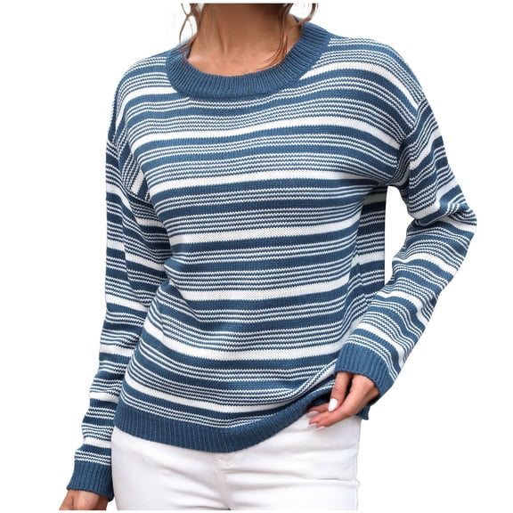 BXINGOHAI Womens 2024 Fall Striped Sweaters Long Sleeve Crewneck Shirts Color Block Lightweight Pullover Tops Outdoor Casual Sweater Blue,L