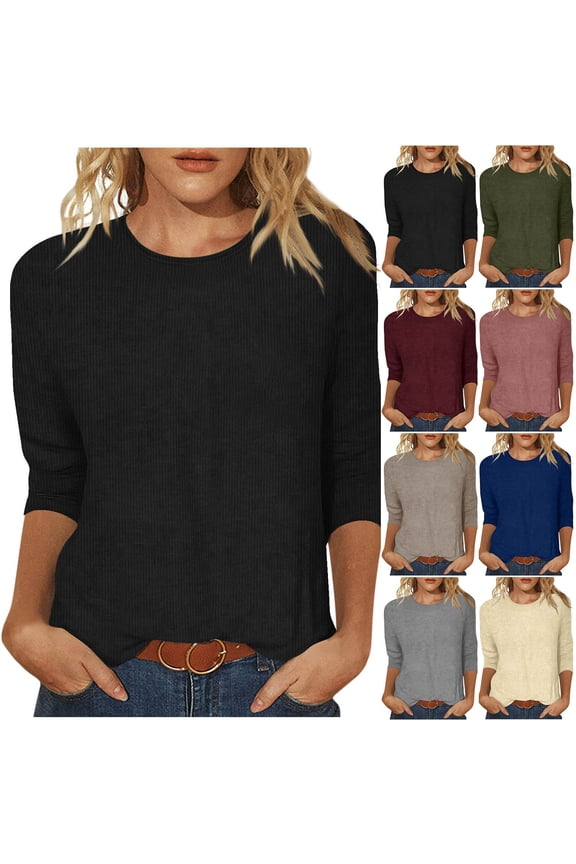 Womens 3/4 Length Sleeve Tops Corduroy Textured Crewneck T-Shirts Casual Fall Tunic Tops Basic Trendy Clothes 3XL