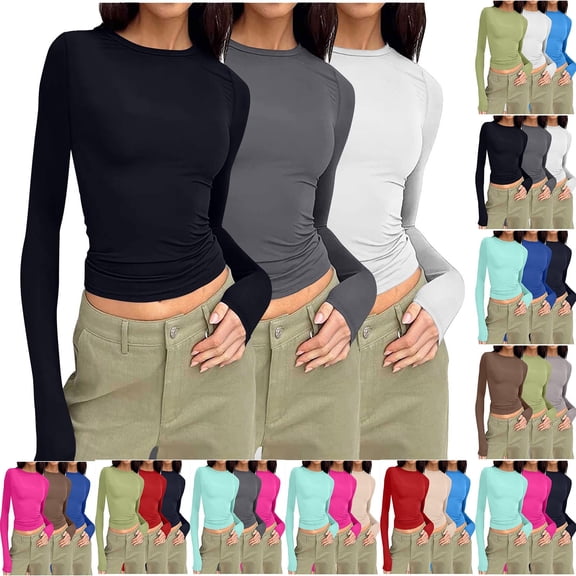 BXINGOHAI Womens 3 Pack Long Sleeve Tops Crew Neck Thermal Shirts Slim Fit T Shirt Layer Tee Shirts Tops Hot Pink,L
