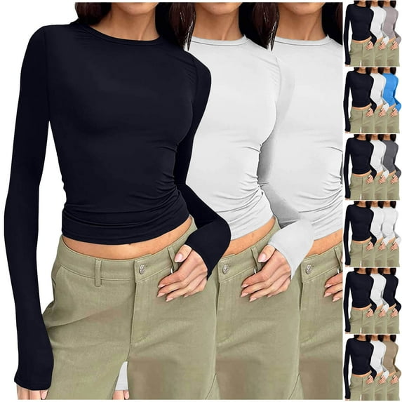 BXINGOHAI Womens 3 Pack Long Sleeve Tops Crew Neck Thermal Shirts Slim Fit T Shirt Layer Tee Shirts Tops Navy,L