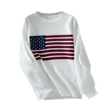 BXINGOHAI Womens American Flag Sweaters Trendy Long Sleeve Pullover Tops Casual Crewneck Knitted Sweater Outdoor Streetwear Shirts Fall Savings White,M