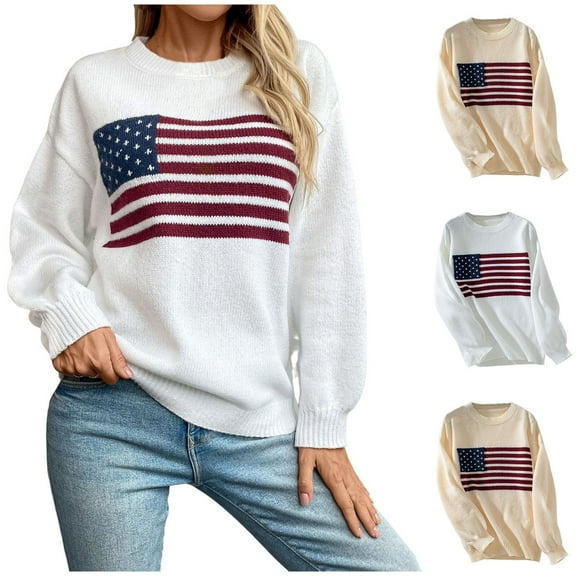 BXINGOHAI Womens American Flag Sweaters Trendy Long Sleeve Pullover Tops Casual Crewneck Knitted Sweater Outdoor Streetwear Shirts White,M