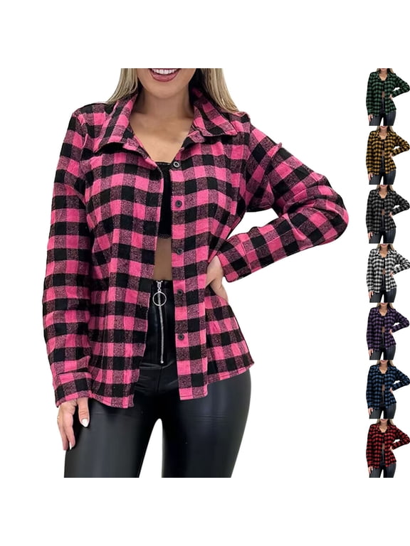 Womens Button Down Flannel Shirts Long Sleeve Plaid Shackets Business Casual Blouse Top Yellow L