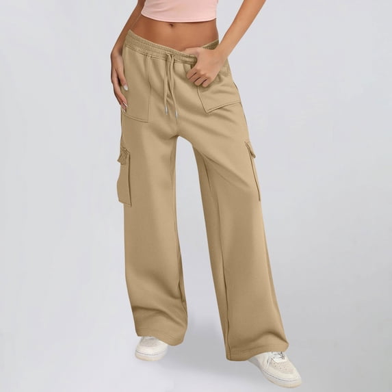 BXINGOHAI Womens Cargo Sweatpants Fleece Wide Leg Sweat Pants High Waisted Baggy Athletic Joggers Pants with Pockets Beige,2XL