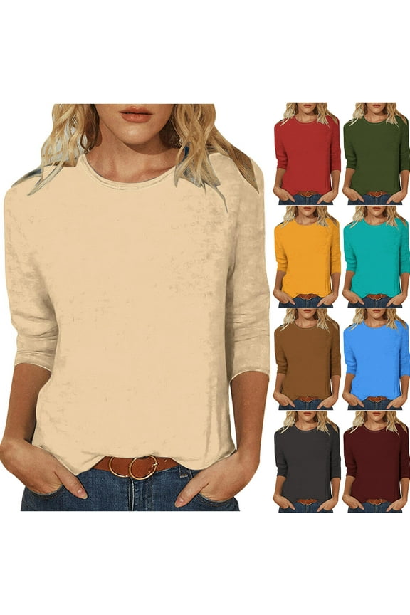 Womens Casual 3/4 Sleeve Crew Neck Tee Shirts Solid Color Basic Top Blouses L