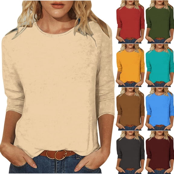 BXINGOHAI Womens Casual 3/4 Sleeve Crew Neck Tee Shirts Solid Color Basic Top Blouses Today S