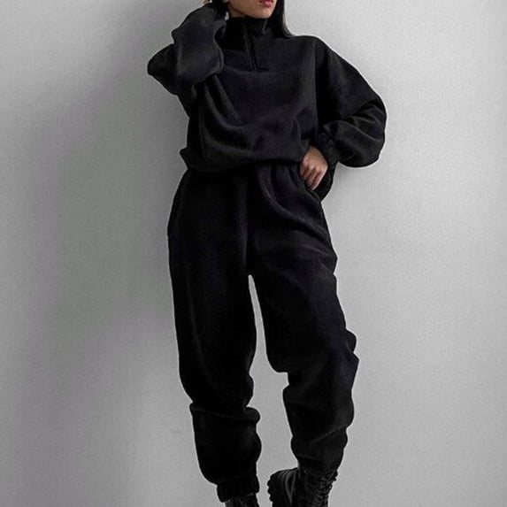 BXINGOHAI Womens Casual Fleece Tracksuit Set Full Zipper Hoodie Long Workout Pants Tracksuit Jogging Suits Black,XL