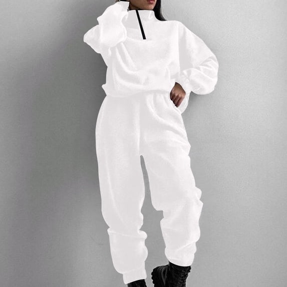 BXINGOHAI Womens Casual Fleece Tracksuit Set Full Zipper Hoodie Long Workout Pants Tracksuit Jogging Suits Today Sales White,M