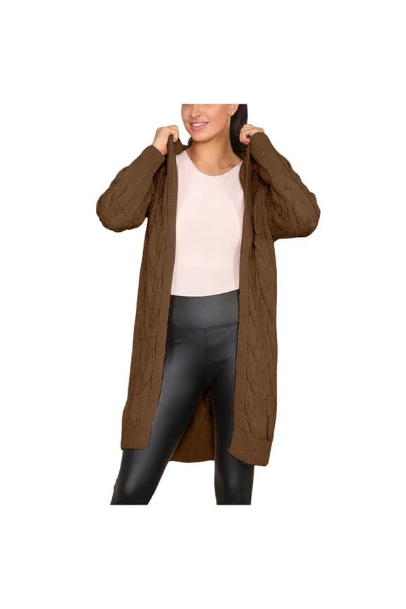 Womens Casual Long Sleeve Open Cardigan Warm Hooded Outwear Coat Cable Knit Long Cardigan Sweaters with Pockets Brown 2XLL