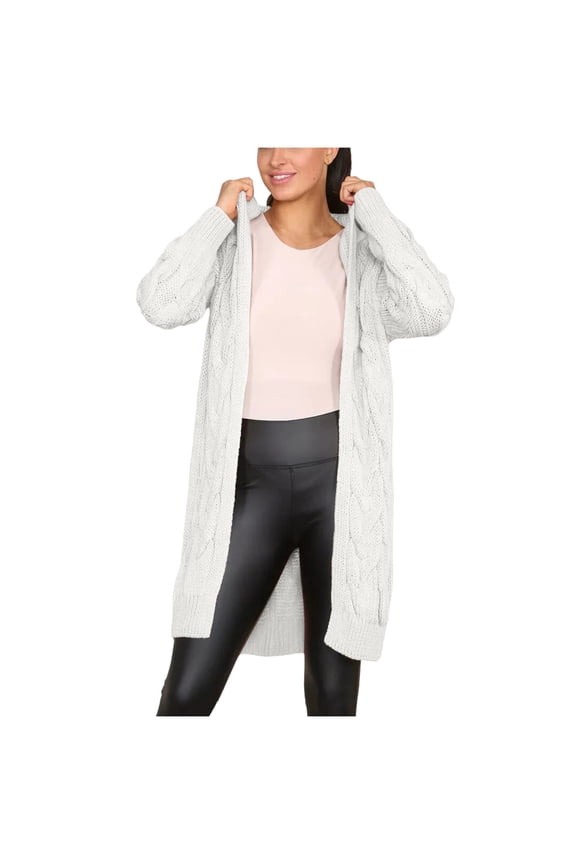 Womens Casual Long Sleeve Open Cardigan Warm Hooded Outwear Coat Cable Knit Long Cardigan Sweaters with Pockets White XL
