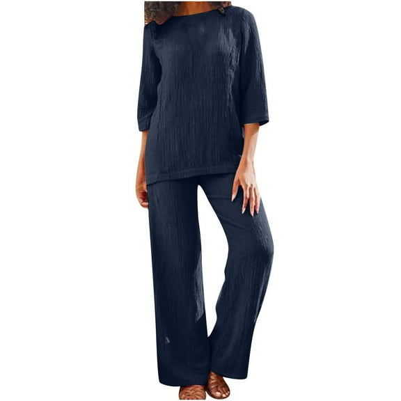 BXINGOHAI Womens Cotton Linen Two Piece Sets Oversized Solid Long Sleeved Top and Pants Outfits Loungewear Sweatsuit With Pockets Today Dark Blue,M