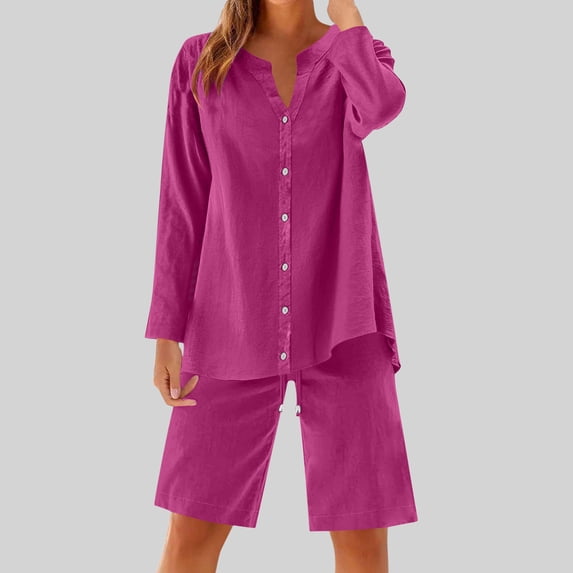 BXINGOHAI Womens Crew Neck Two Piece short Sets Cap Sleeve Drawstring Summer Sweatsuit with Pocket Hot Pink L