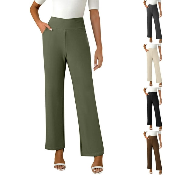 BXINGOHAI Womens Dress Pants Wide Leg Pull On Stretchy Work Pants Women High Waisted Business Casual Trousers with Pockets Khaki,XL