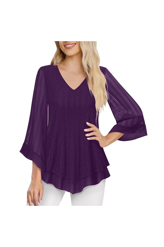 Womens Dressy Blouse Double Layers Mesh Shirt Ruffle 3/4 Flared Sleeve Tunic Tops Purple XL