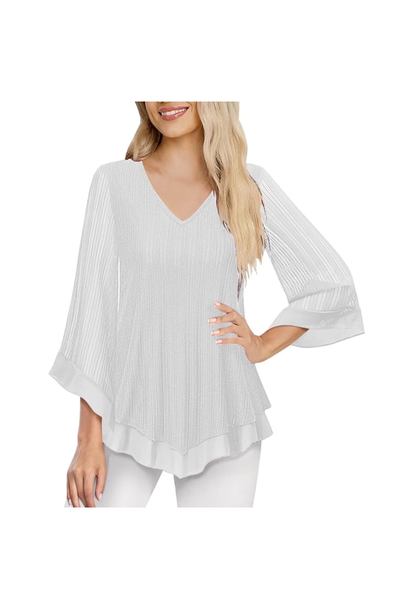 Womens Dressy Blouse Double Layers Mesh Shirt Ruffle 3/4 Flared Sleeve Tunic Tops White XL