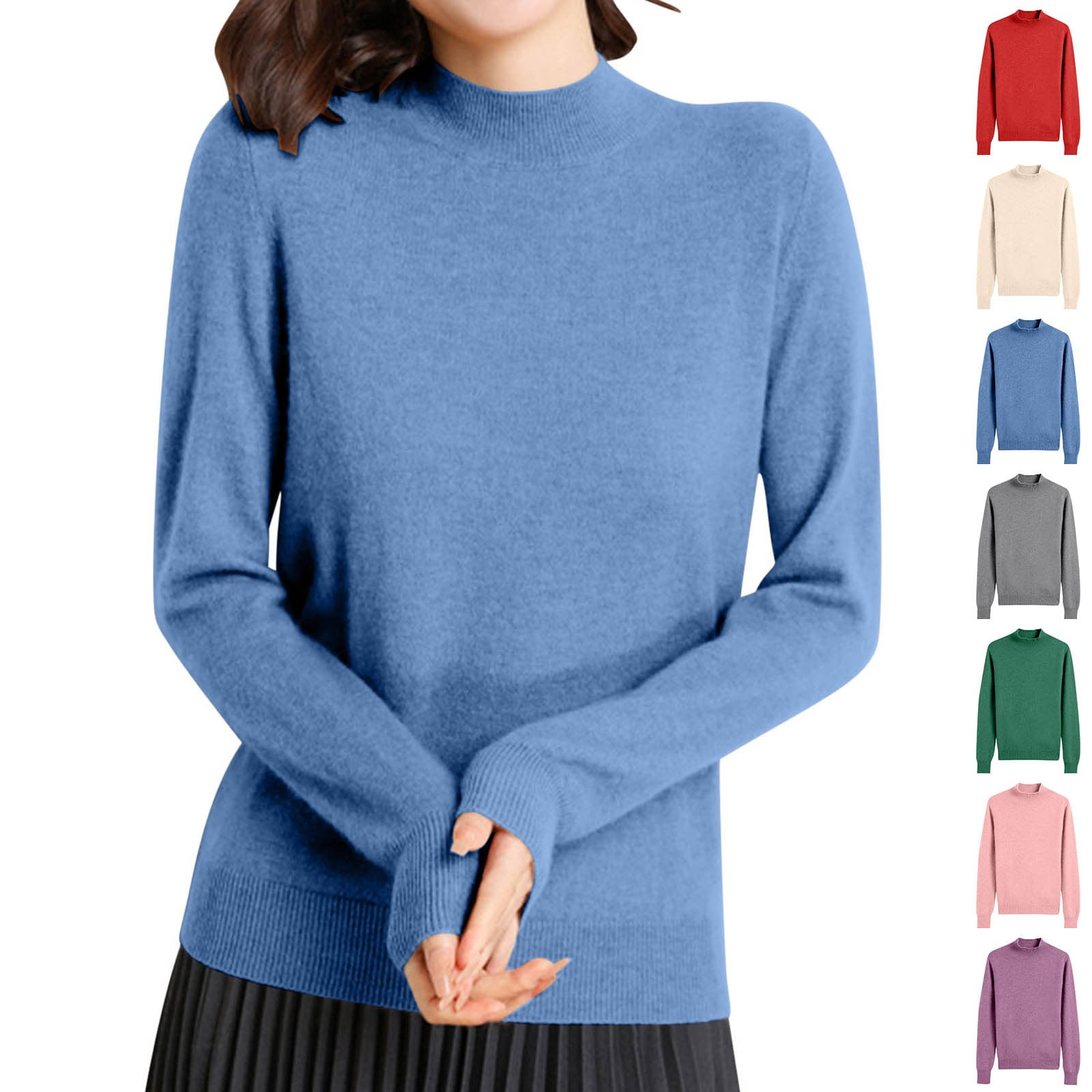 Women's Cropped Mock Neck Sweater - Ribbed Knit, Lightweight, Fall Winter Spring Pullover In Light Blue