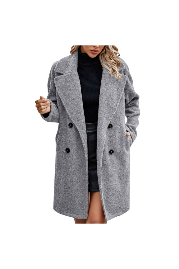 Womens Fall Winter Coat Jacket Thermal Fleece Long Sleeved Cardigan Fashion Solid Color Top Button Pockets Today Gray,L