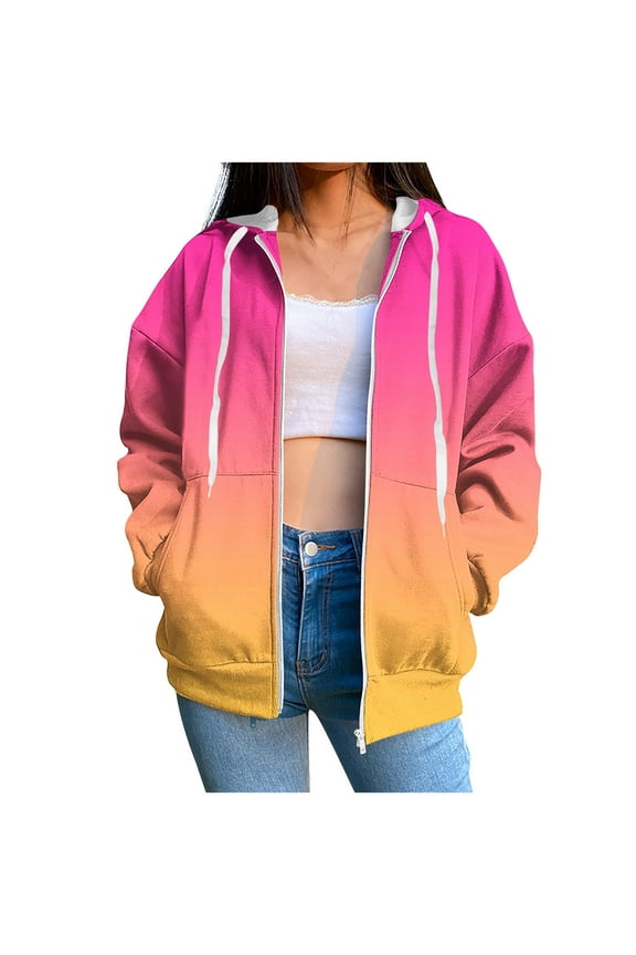 Womens Fashion Hoodie Long Sleeve Zip Up Hoodies Sweatshirt With Pocket Hooded Sweatshirts Casual Drawstring Jackets Today Orange,S