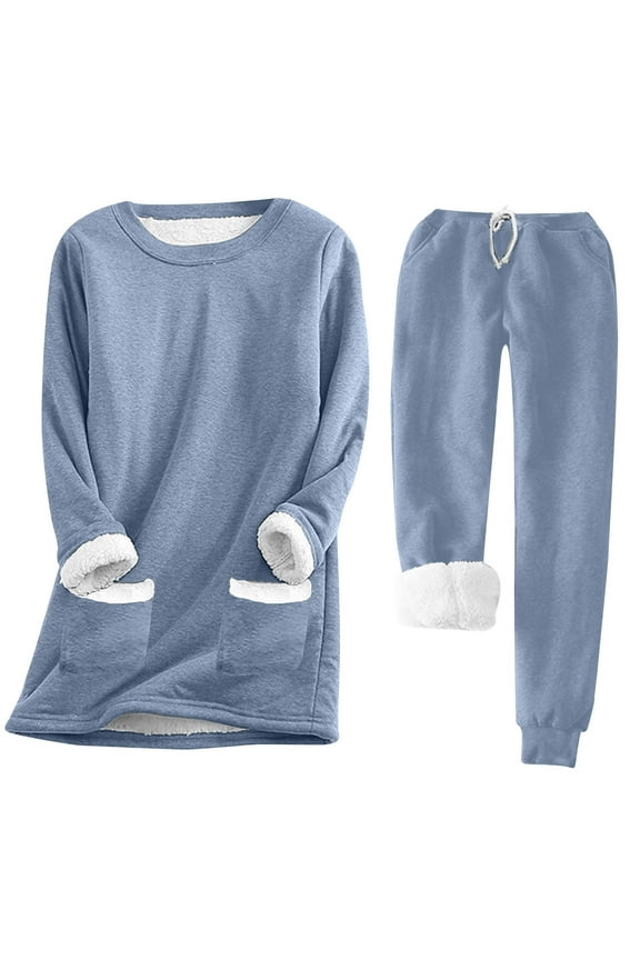 Womens Fleece Lined 2 Piece Sets Winter Thermal Sweatsuits Solid Thicken Crewneck Pullover Blouse Drawstring Pants Casual Daily Outfits With Pockets Navy,XXXL