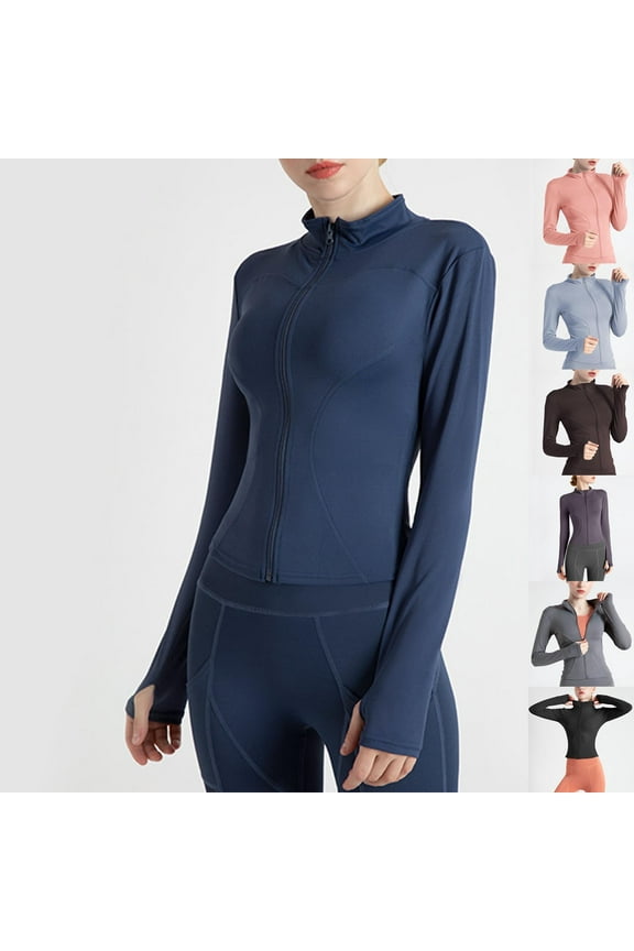 Womens Full Zip Cropped Workout Jacket Slim Fit Lightweight Athletic Yoga Tops with Thumb Holes Black,L