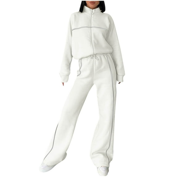 BXINGOHAI Womens Full Zip-Up Tracksuit Set Long Sleeve Casual Jogging Suits Workout Gym 2 Piece Outfits With Pockets White,M