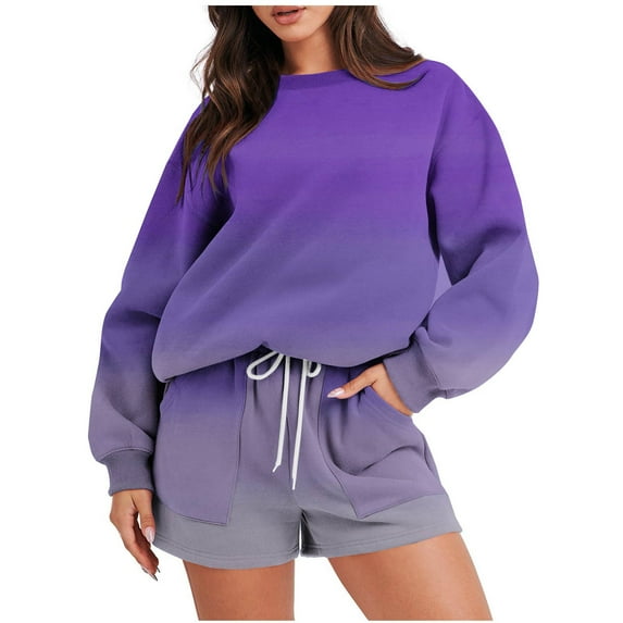 BXINGOHAI Womens Gradient 2 Piece Sets Thin Fleece Long Sleeved Sweatsuit Round Neck Sweatshirts and Sweat Shorts Casual Fall Winter Outfits Purple,M