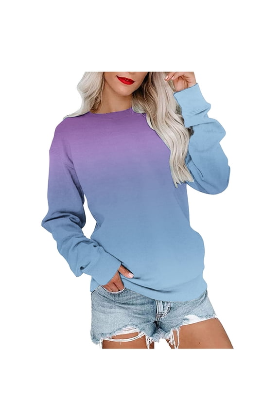 Womens Gradient Sweatshirt Crewneck Long Sleeve Tops Fashion Pullover Shirts Loose Fit Sweatshirts Fall Outdoor Blouse Under $10 Light Blue,XL