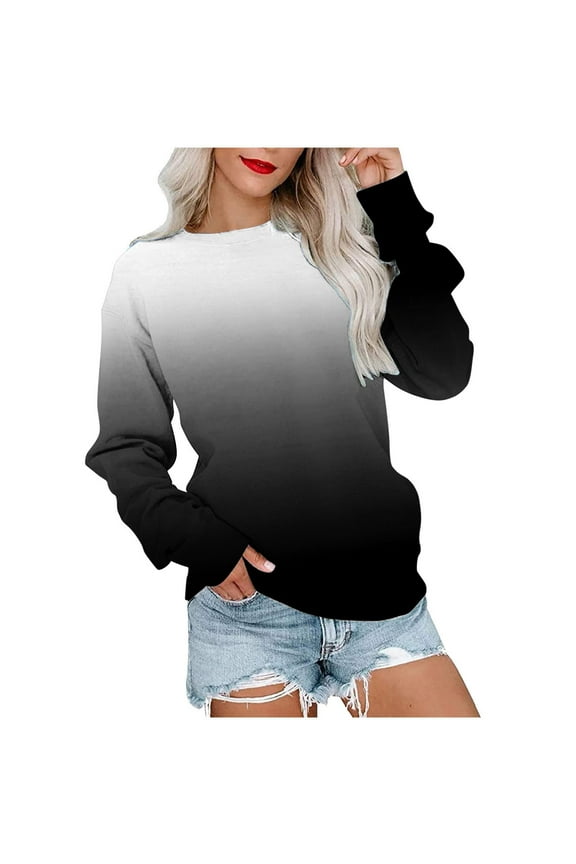 Womens Gradient Sweatshirt Crewneck Long Sleeve Tops Fashion Pullover Shirts Loose Fit Sweatshirts Fall Outdoor Blouse Under $10 Black,M