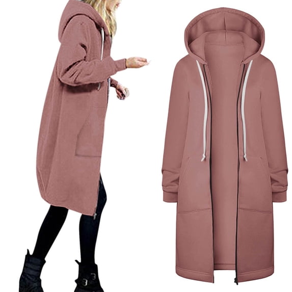 BXINGOHAI Womens Hooded Coat Thin Fleece Long Sleeved Open Front Jockeets Fashion Solid Zipper Top With Drawstring Pockets Pink,L