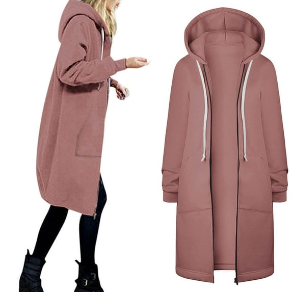 BXINGOHAI Womens Hooded Coat Thin Fleece Long Sleeved Open Front Jockeets Fashion Solid Zipper Top With Drawstring Pockets Pink,XL
