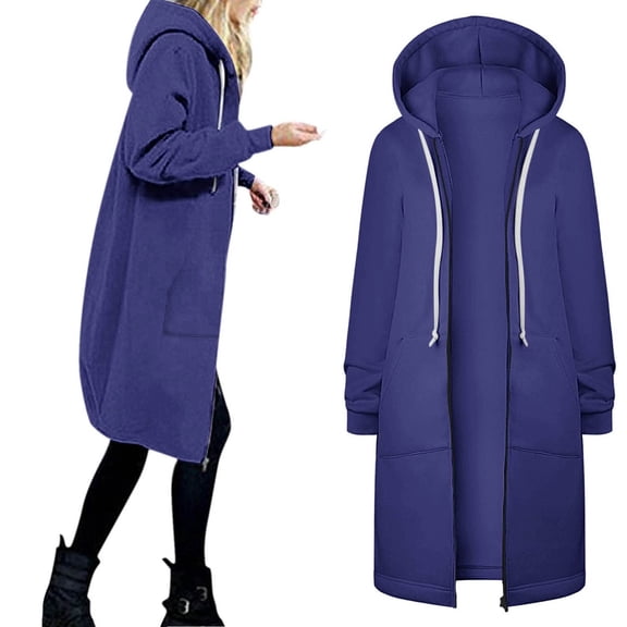 BXINGOHAI Womens Hooded Coat Thin Fleece Long Sleeved Open Front Jockeets Fashion Solid Zipper Top With Drawstring Pockets Today Dark Blue,L