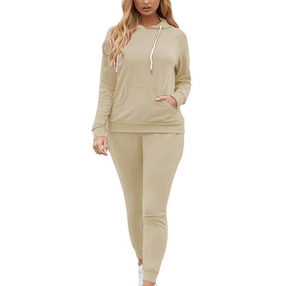 BXINGOHAI Womens Hoodie 2 Piece Sets Thin Fleece Solid Sweatsuits Long Sleeve Crewneck Sweatshirts and Casual Pants With Kangaroo Pocket Today Beige,XL