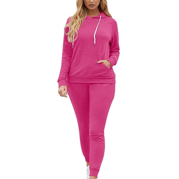 BXINGOHAI Womens Hoodie 2 Piece Sets Thin Fleece Solid Sweatsuits Long Sleeve Crewneck Sweatshirts and Casual Pants With Kangaroo Pocket Today Hot Pink,S