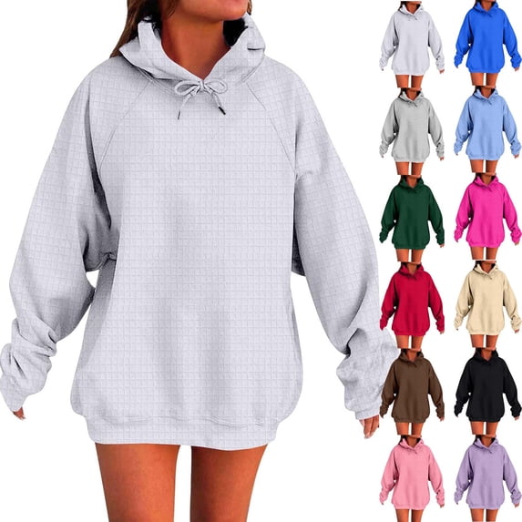 BXINGOHAI Womens Hoodies Casual Long Sleeve Drawstring Waffle Pullover Tops Loose Hooded Sweatshirt with Pocket Gray 2XL