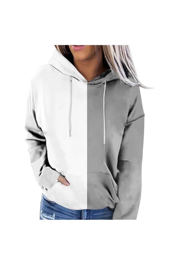 Womens Hoodies Color Block Long Sleeve Sweatshirts Drawstring Pullover Tops With Pocket Casual Loose Blouses Tunic Gray,L