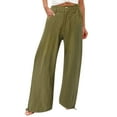 thumbnail image 1 of BXINGOHAI Womens Linen Pants Button High Waisted Wide Leg Pants Casual Elastic Waist Palazzo Pants Outdoor Beach Long Pants With Pockets Army Green,XXXL, 1 of 5