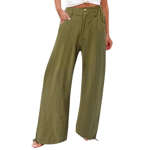 BXINGOHAI Womens Linen Pants Button High Waisted Wide Leg Pants Casual Elastic Waist Palazzo Pants Outdoor Beach Long Pants With Pockets Army Green,XXXL